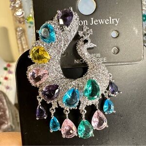 Giant Multicolor Peacock Earrings, Party Earrings 2×1.25 inches